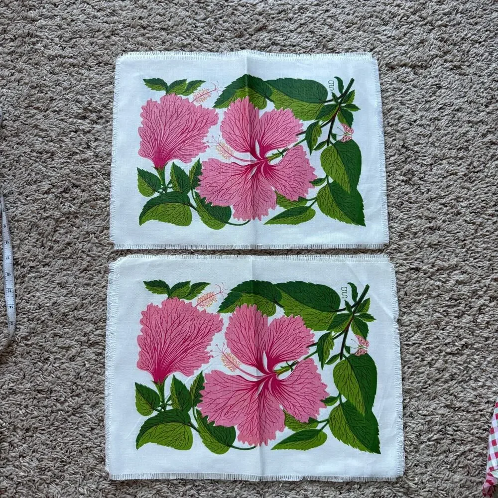 Vintage California Hand Prints Hibiscus Pink Floral Linen Placemats Set of 4